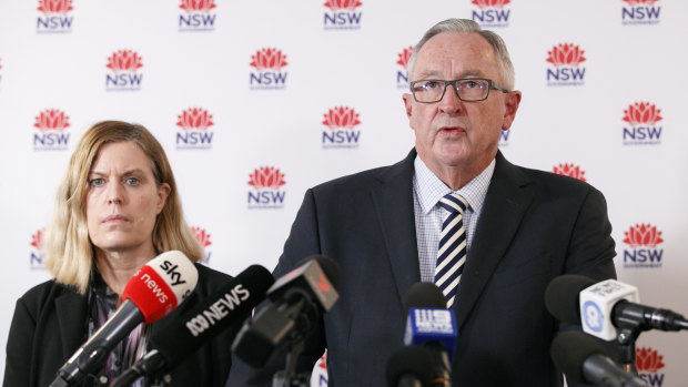 Health Minister Brad Hazzard and Dr Kerry Chant speak to the press at NSW Ministry for Health in Sydney on Monday, March 16, 2020.