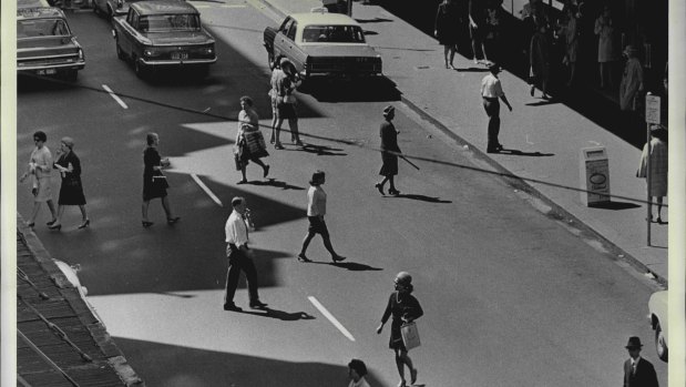 In the 1960s, jaywalkers would simply wait for a break in the traffic.