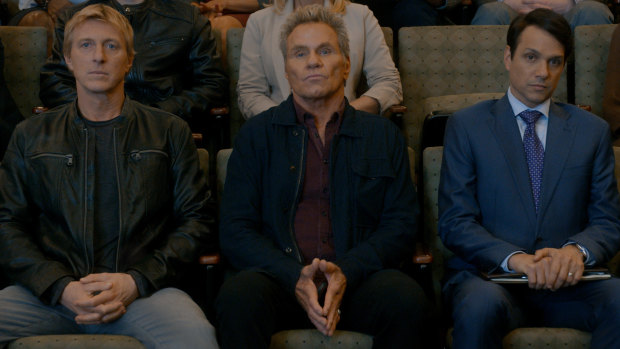 Johnny Lawrence (William Zabka), John Kreese (Martin Kove) and Daniel LaRusso (Ralph Macchio) spar again in season three of Cobra Kai. 