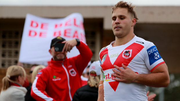 Dragons player Jack De Belin runs onto the field in NSW Cup on his return to the game.