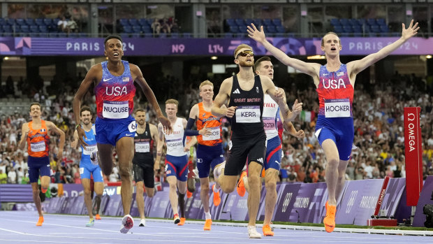 Cole Hocker shocks the Paris crowd, and perhaps himself, crossing for gold in the men’s 1500 metres final.