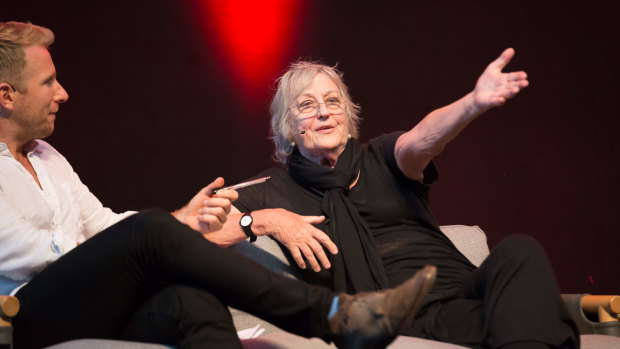 Moderator Hamish MacDonald and feminist Germaine Greer at the Festival of Dangerous Ideas on Cockatoo Island in Sydney on Saturday.