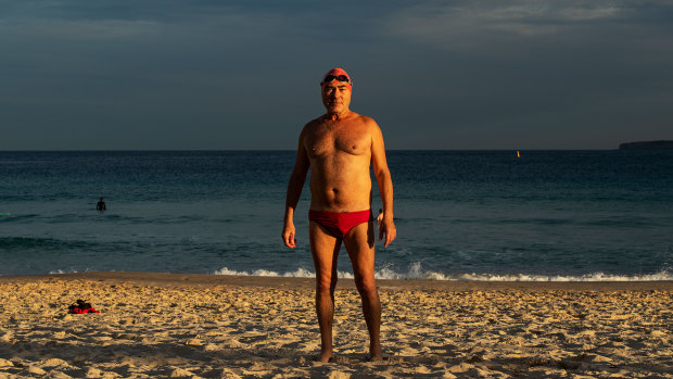 Alun Watkins, pictured at Bondi Beach, said there was a sense of camaraderie between winter swimmers. 