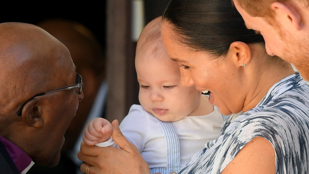 Prince Harry, Meghan and their baby son Archie meet Archbishop Desmond Tutu in South Africa.