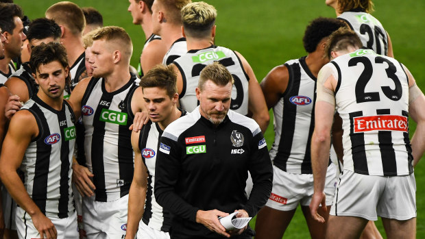 Mastermind: Nathan Buckley after addressing the Magpies during three quarter time at Optus Stadium in Perth on Saturday night.