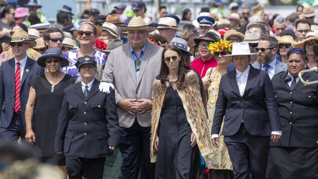 New Zealand Prime Minister Jacinda Ardern, centre, and her caucus arrive at Ratana, New Zealand on Tuesday.