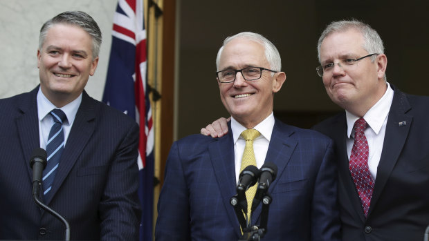 Mathias Cormann, Malcolm Turnbull and Scott Morrison at a joint press conference in 2018.