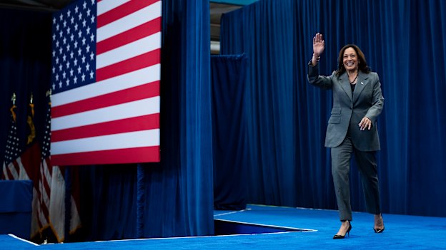 Vice President Kamala Harris greets the crowd during a rally where President Joe Biden also spoke in March.