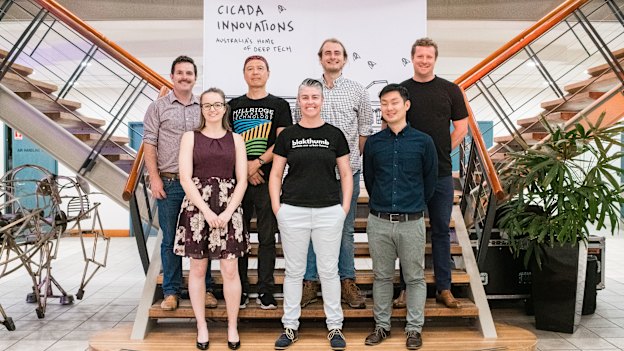 Some of the GrowLab cohort during their demo day, including Dale Schilling (far left) and Alex Soeriyadi (second from right).