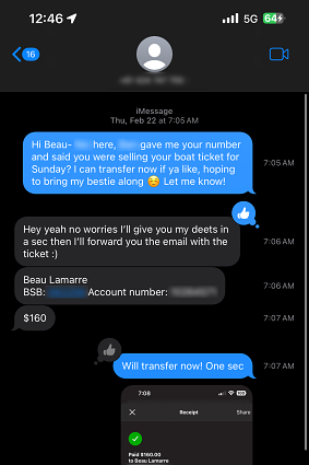 Texts from Beau Lamarre-Condon selling a boat ticket days after the alleged murder.