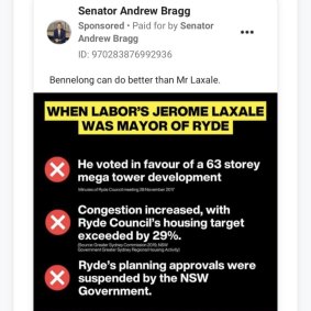 A sponsored Liberal ad targeting Labor candidate for Bennelong, who is now the MP, Jerome Laxale.