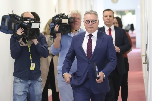 Labor MP Joel Fitzgibbon departs the  Parliament House press gallery after a media blitz on Monday.