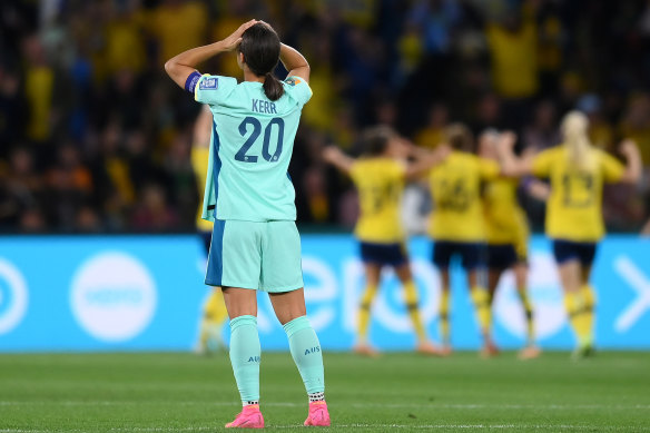 A dejected Sam Kerr after Sweden’s second goal in Brisbane.