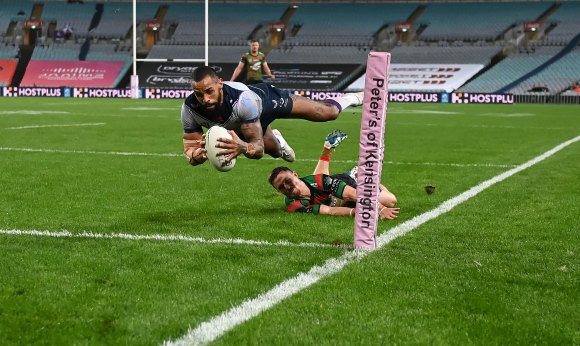 Josh Addo-Carr dives over for try No. 4 against South Sydney.