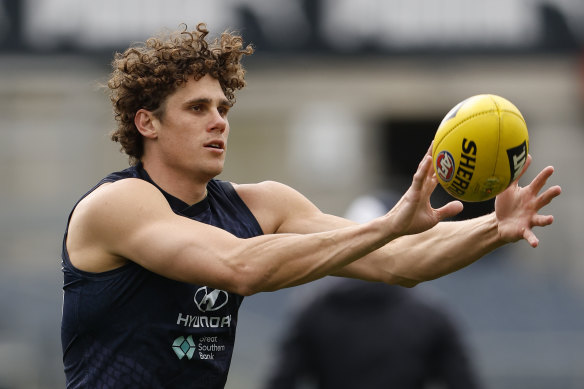 Charlie Curnow trains at the weekend as he pushes to return to Carlton’s team for the elimination final.