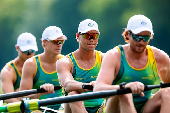 Ben Canham (second from right) rowing in the ‘Australia A’ Four at the Holland Bekker international regatta in Holland in June.