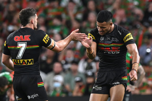 Stephen Crichton celebrates with Nathan Cleary (left).