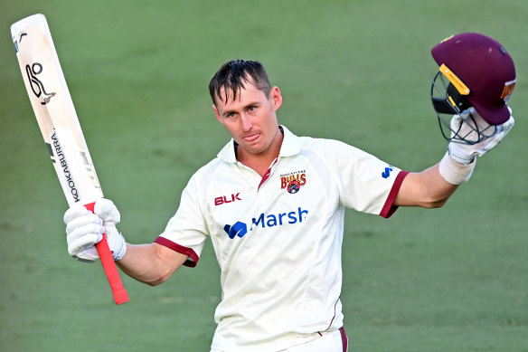 Marnus Labuschagne salutes the crowd after finishing the day on 160 not out.
