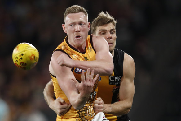 James Sicily gets the ball away against St Kilda on Saturday.