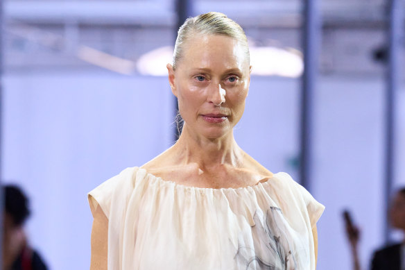 Kate Bell modelling for Herskind at Copenhagen Fashion Week in August 2024.