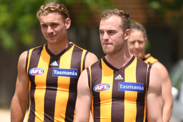 Hawthorn's Tom Mitchell (right) will play a half of the intra-club match on Friday.
