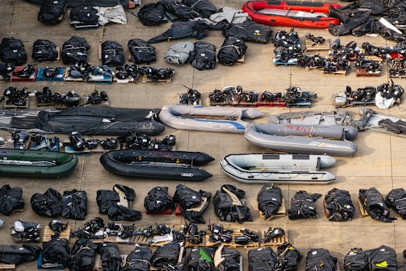 An aerial view of inflatable craft, used by migrants to cross the channel, stored at a Border Force facility in Dover.
