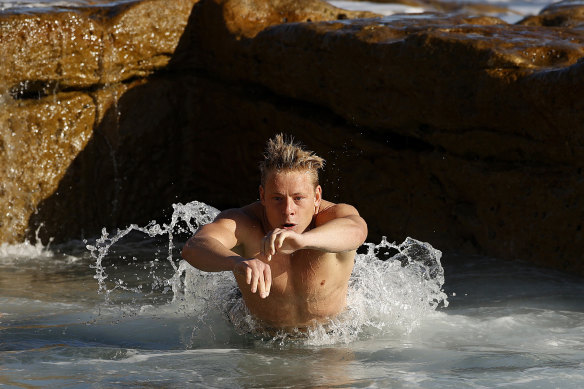 Isaac Heeney during a recovery session at Bondi Beach.