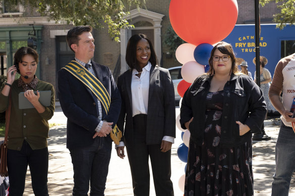 As Nathan Rutherford, Ed Helms (pictured with Dana L. Wilson and Jana Schmieding) has a serious case of ancestor worship in the culture-class comedy Rutherford Falls.