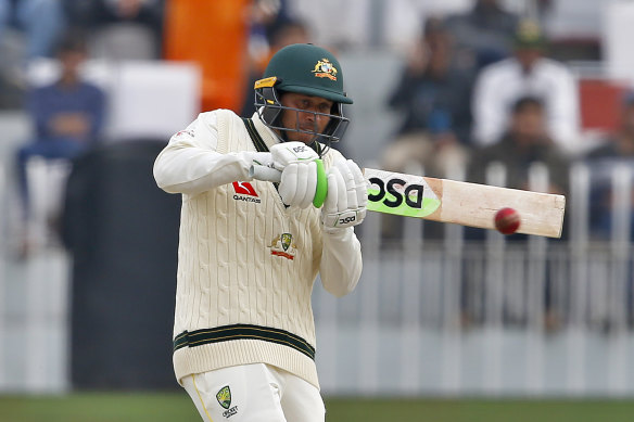 Australia’s Usman Khawaja pulls during day three of the first Test match against Pakistan in Rawalpindi.