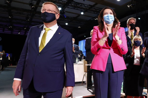 John Coates (left) and Queensland Premier Annastacia Palaszczuk at the 2032 Games announcement.