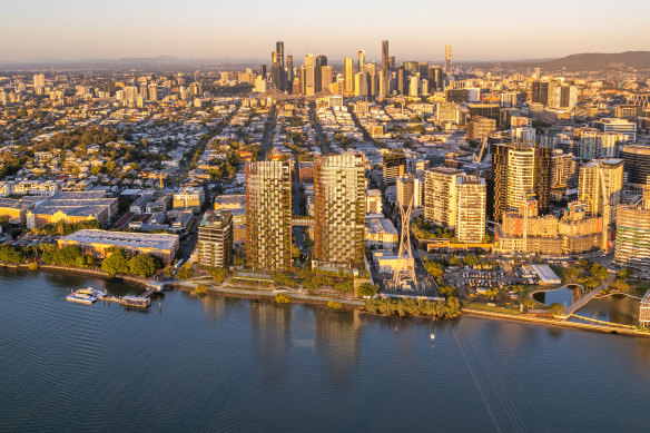 An overview of Kokoda Property’s planned three-tower development in riverside Teneriffe.