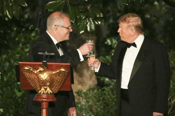 Prime Minister Scott Morrison and US President Donald Trump at a state dinner in the Rose Garden of the White House.