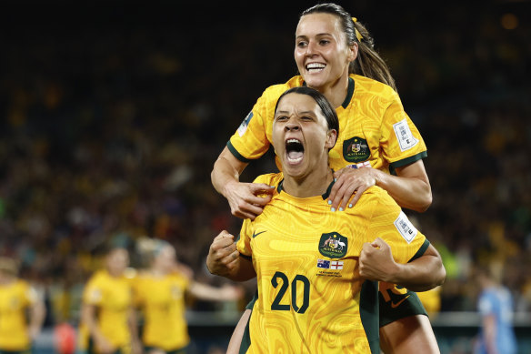 Hayley Raso celebrates with Sam Kerr during the Women’s World Cup.