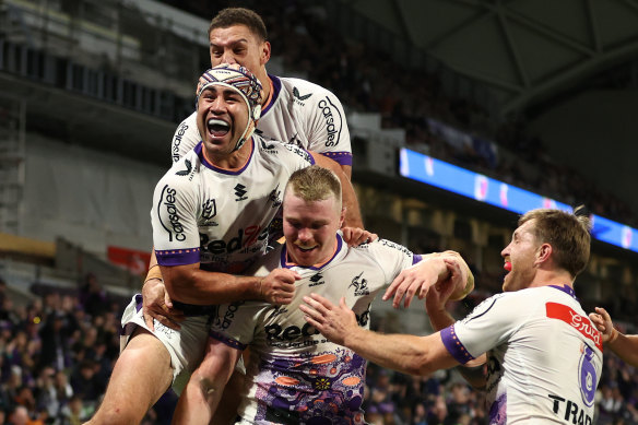 Storm stars celebrate a  Josh King try in June.