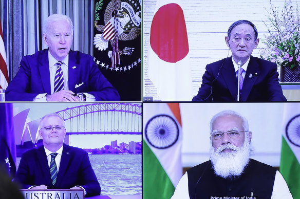 US leader Joe Biden, Japan’s Yoshihide Suga, Australia’s Scott Morrison and India’s Narendra Modi during a virtual Quad meeting hosted by Japan in March.