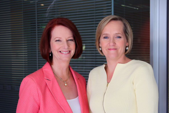 Former prime minister Julia Gillard with ABC presenter Sarah Ferguson.