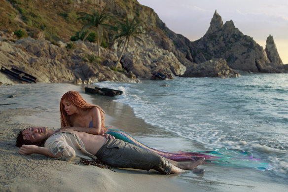 Jonah Hauer-King as Prince Eric and Halle Bailey as Ariel in a scene from The Little Mermaid.