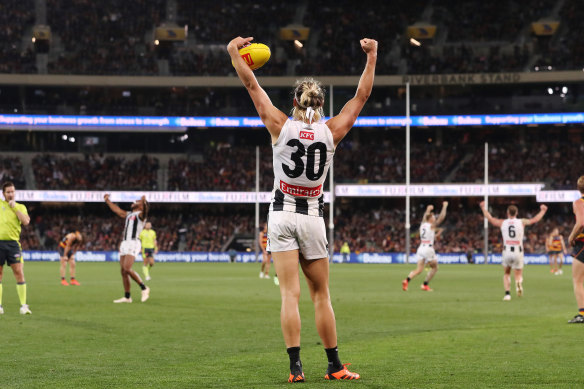 Magpies skipper Darcy Moore celebrates another comeback win, against Adelaide.