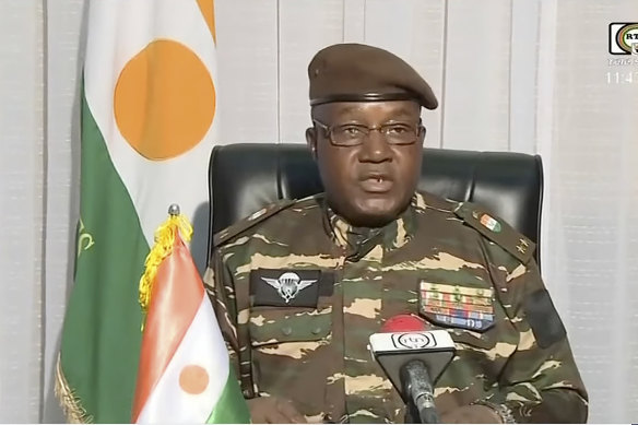 General Abdourahmane Tchiani makes a statement on TV declaring he is now the head of state following the coup.