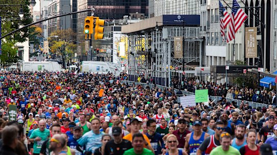 Runners take part in the New York City Marathon in November, 2019. 
