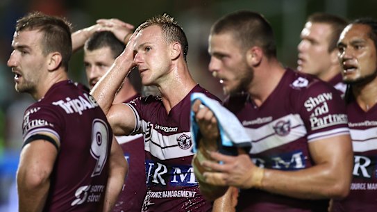 Daly Cherry-Evans and the Sea Eagles react during their 40-point loss to the Panthers. The gap between the competition’s haves and have-nots only appears to be widening. 