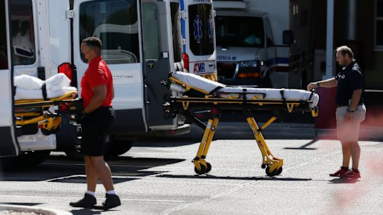Ambulances are parked outside a medical centre in Arizona, which is experiencing a surge in coronavirus cases. 