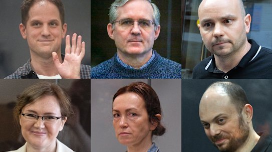 Clockwise from top left: Wall Street Journal reporter Evan Gershkovich, corporate security executive Paul Whelan, former head of Open Russia movement Andrei Pivovarov, Russian opposition activist Vladimir Kara-Murza, Prague-based editor for the U.S. government-funded Radio Free Europe/Radio Liberty’s Tatar-Bashkir service Alsu Kurmasheva, and Lilia Chanysheva, former coordinator of regional offices of the late opposition figure Alexei Navalny.