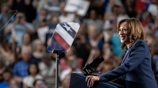 Harris speaks to supporters as the Democratic presidential candidate during a campaign rally at West Allis Central High School on July 23, 2024.