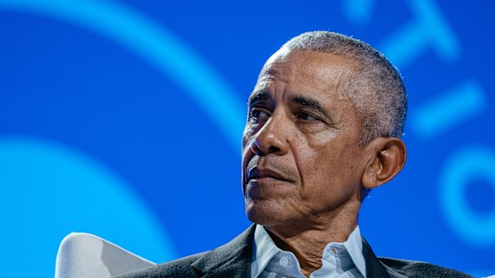 FILE — Former President Barack Obama moderates a conversation about hope and pluralism at the Obama Foundation 2024 Democracy Forum in Chicago, Dec. 5, 2024. Obama will gingerly step into the public fray on Tuesday night, after weeks of quiet grumbling from some demoralized Democrats for what they say is his silence in the face of a frontal assault on liberal America by the Trump administration. (Jamie Kelter Davis/The New York Times).