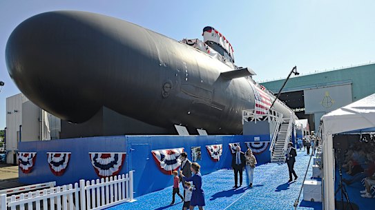 The launch of a US Virginia class submarine at the General Dynamics Electric Boat shipyard in Connecticut. 