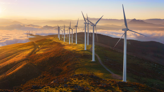Wind turbines in the Oiz Eolic Park in Spain. Victoria has set a target of halving emissions from 2005 levels by the end of 2030.