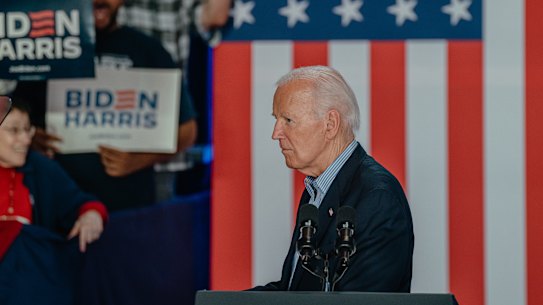 President Joe Biden speaks during a campaign event at Sherman Middle School in Madison, Wisconsin. 