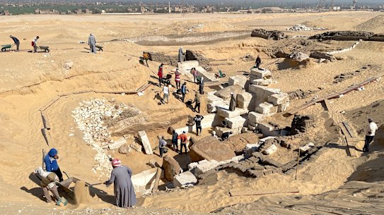 Archaeologists and researchers at the site of the newly discovered tomb at Abydos, one of the oldest cities of ancient Egypt.