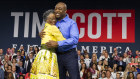Republican presidential candidate Tim Scott hugs his mother Frances Scott after announcing his candidacy for president  on the campus of Charleston Southern University in South Carolina.